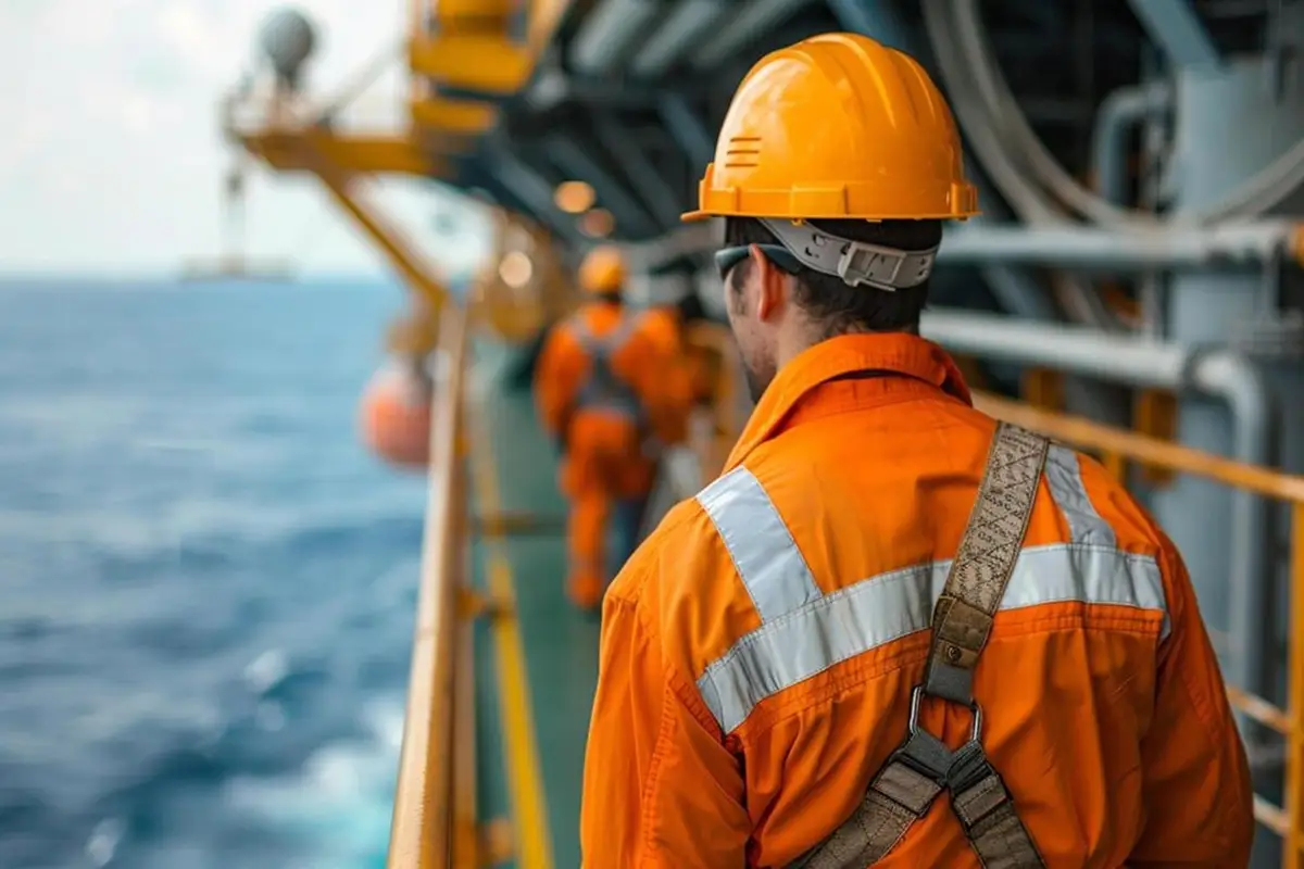 A worker wearing a yellow hard hat, safety harness, and reflective orange coveralls stands on an offshore deck.