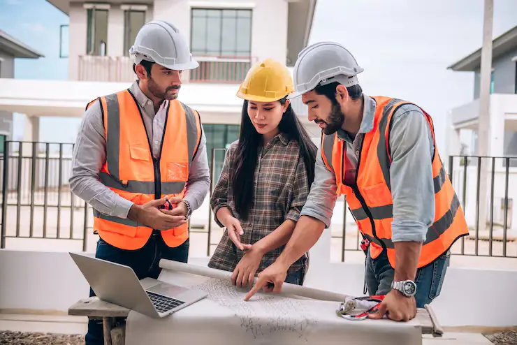 Three construction workers wearing hard hats and high-visibility vests review blueprints spread on a table outdoors.
