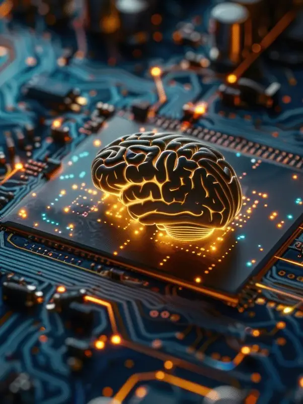 A glowing golden human brain model rests on a microchip attached to a blue electronic circuit board.