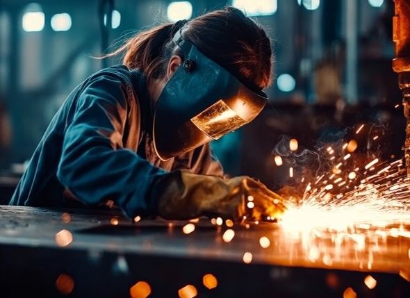 A worker wearing a welding helmet and protective gloves welds metal, creating bright sparks on a workbench.