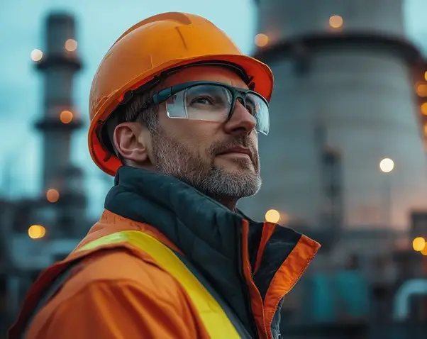 A worker wearing an orange hard hat, clear safety glasses, and a high-visibility vest stands at an industrial facility.
