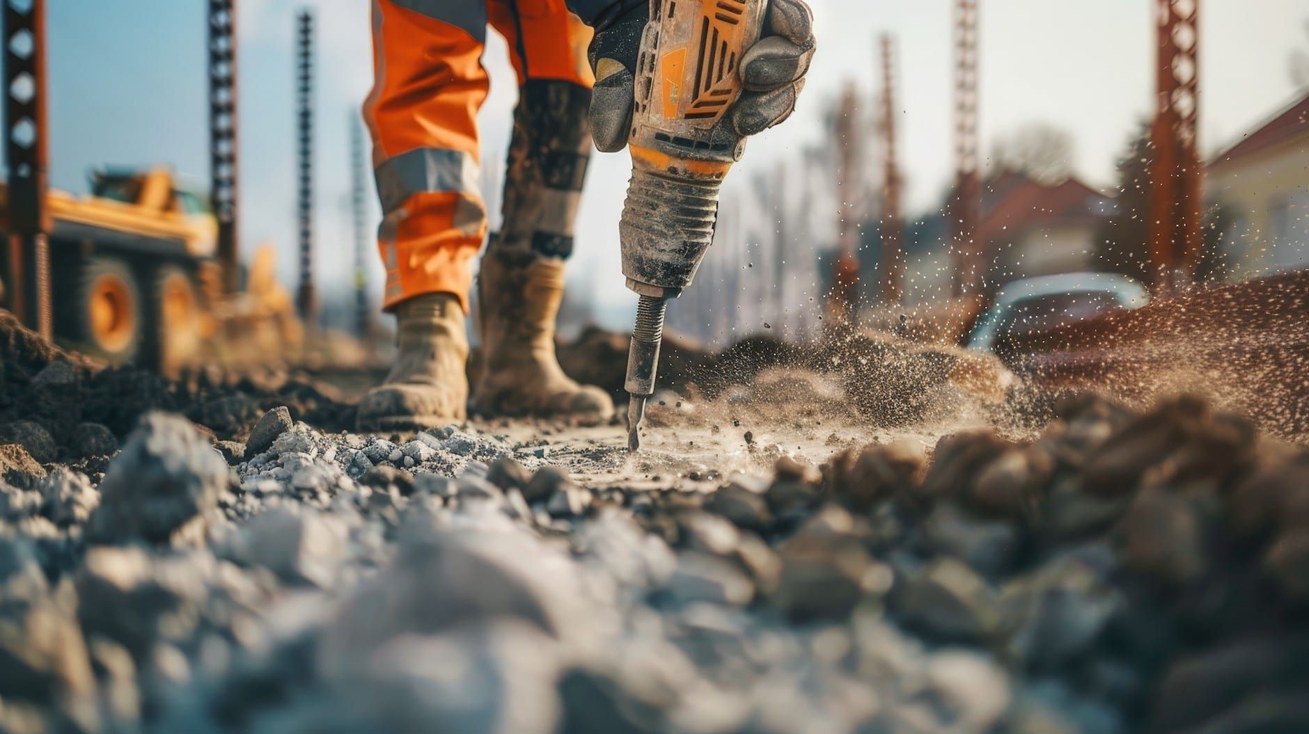 A gloved worker in high-visibility pants operates a jackhammer into the ground, scattering airborne dust and debris.