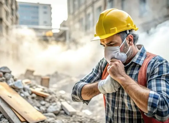 A gloved worker in high-visibility pants operates a jackhammer into the ground, scattering airborne dust and debris.