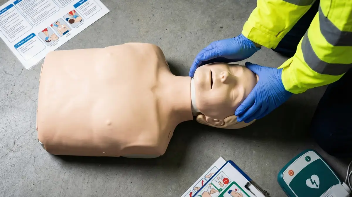 A person in a high-visibility jacket and blue gloves holds the head of a CPR training mannequin.