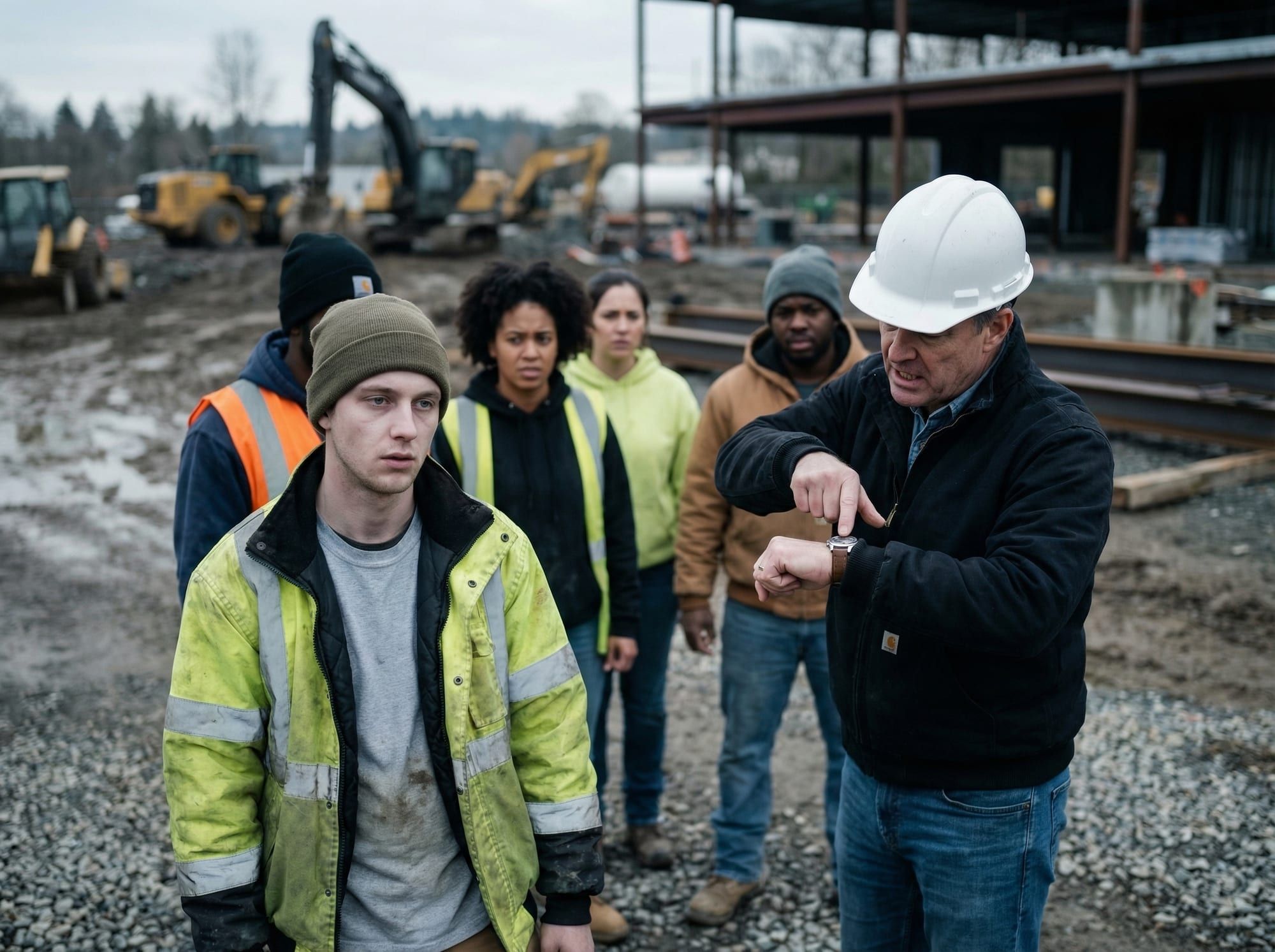 A man in a white hard hat points to his wristwatch in front of a group of construction workers.