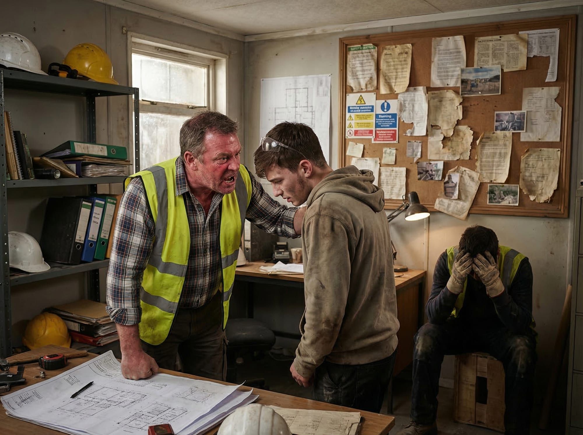 An angry man in a high-visibility vest shouts at a younger worker while another man sits holding his head.
