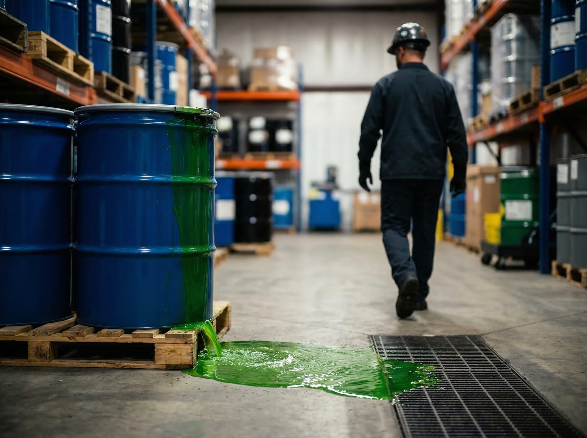 A blue drum leaks green liquid onto the warehouse floor near a drain as a worker walks away.