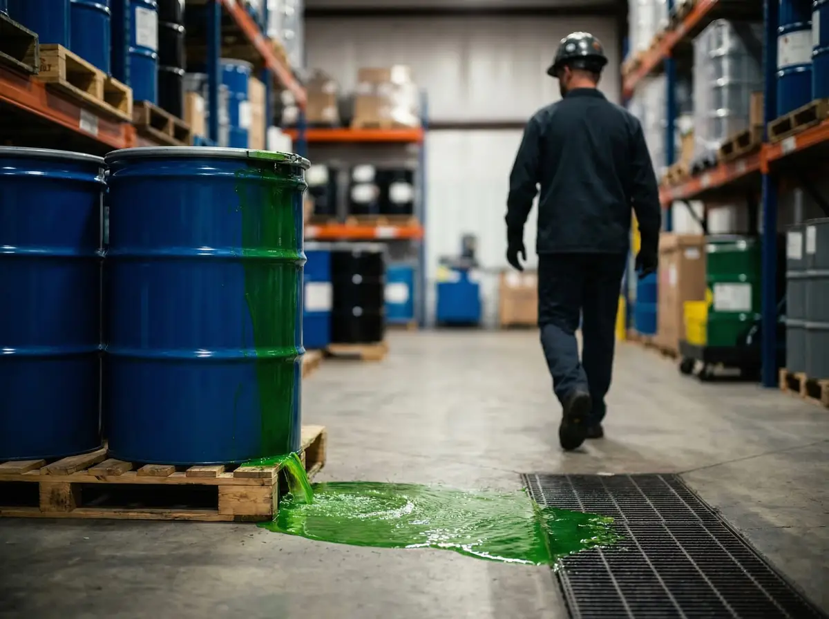 A blue drum leaks green liquid onto the warehouse floor near a drain as a worker walks away.