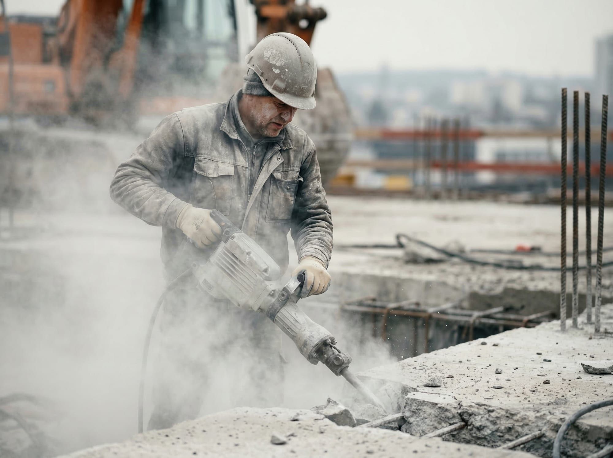 A construction worker in a hard hat operates a jackhammer without a mask amid a thick cloud of dust.