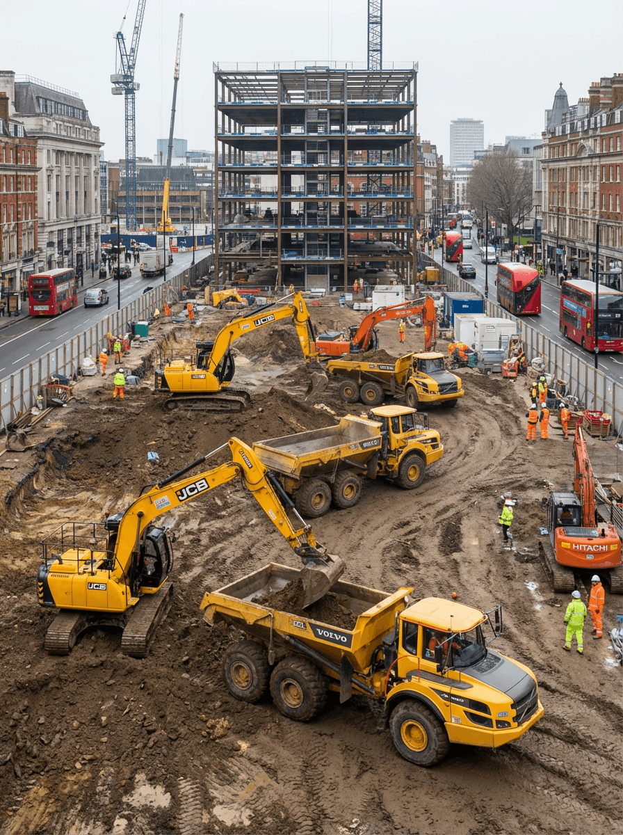 Construction workers wearing high-visibility gear operate excavators and dump trucks at a muddy urban construction site.
