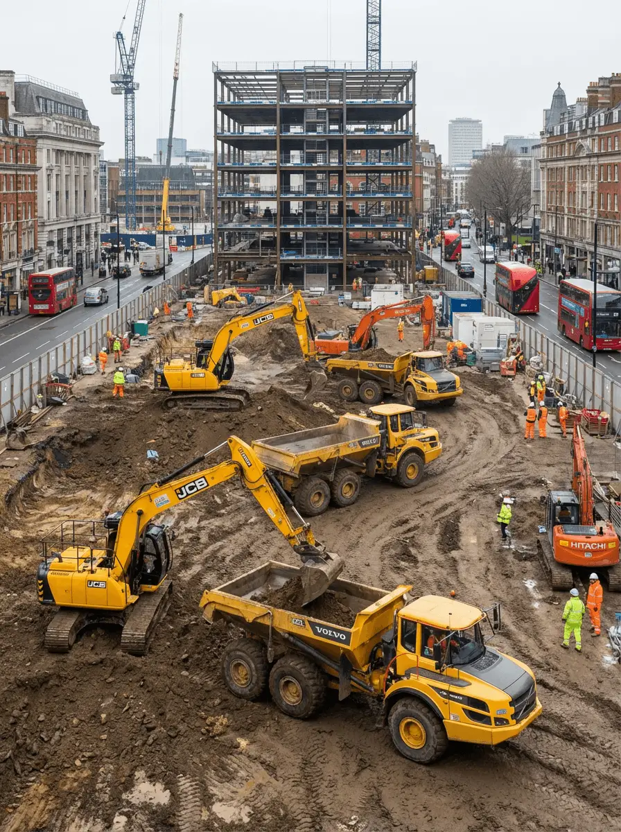 Construction workers wearing high-visibility gear operate excavators and dump trucks at a muddy urban construction site.