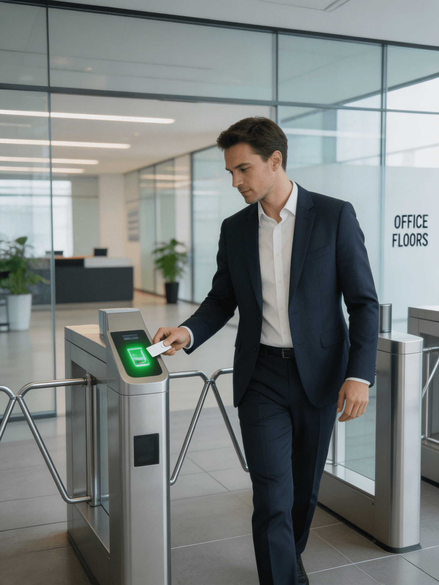 A man in a suit taps an access card against a turnstile reader displaying a green light.