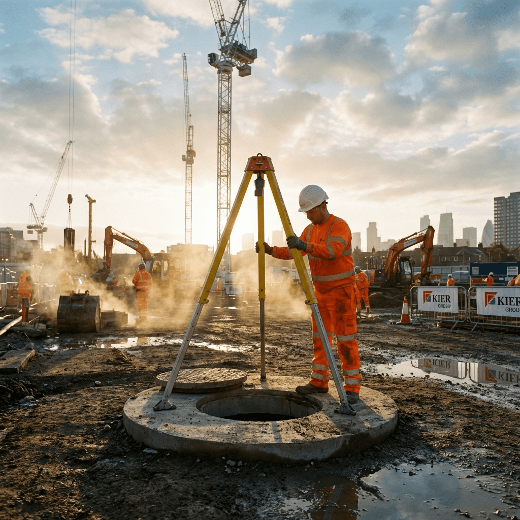 A construction worker in high-visibility clothing and a hard hat adjusts a tripod over an open manhole.