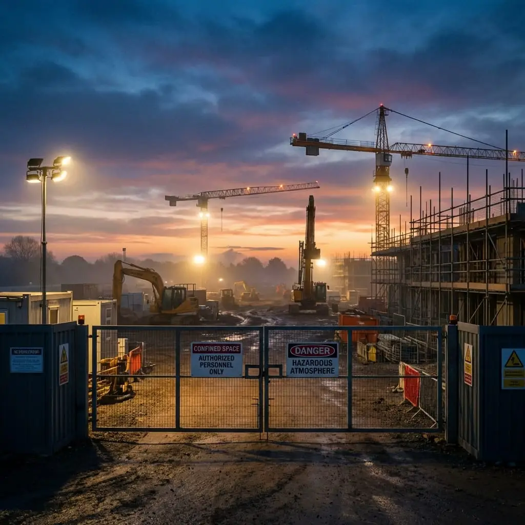 Safety signs reading "Confined Space" and "Danger Hazardous Atmosphere" mounted on a closed construction site perimeter gate.