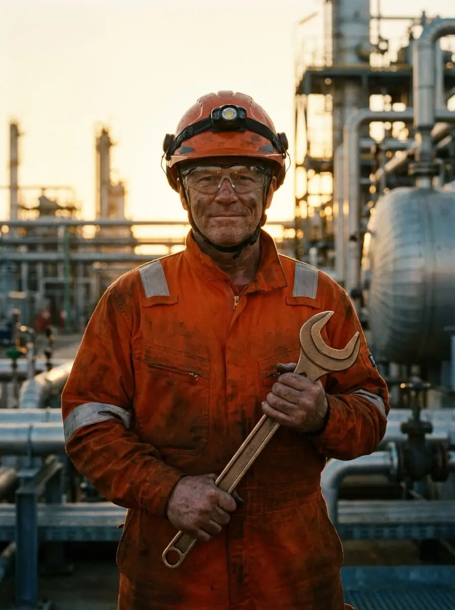 A worker wearing an orange coverall, safety glasses, and a hard hat with a headlamp holds a large wrench.