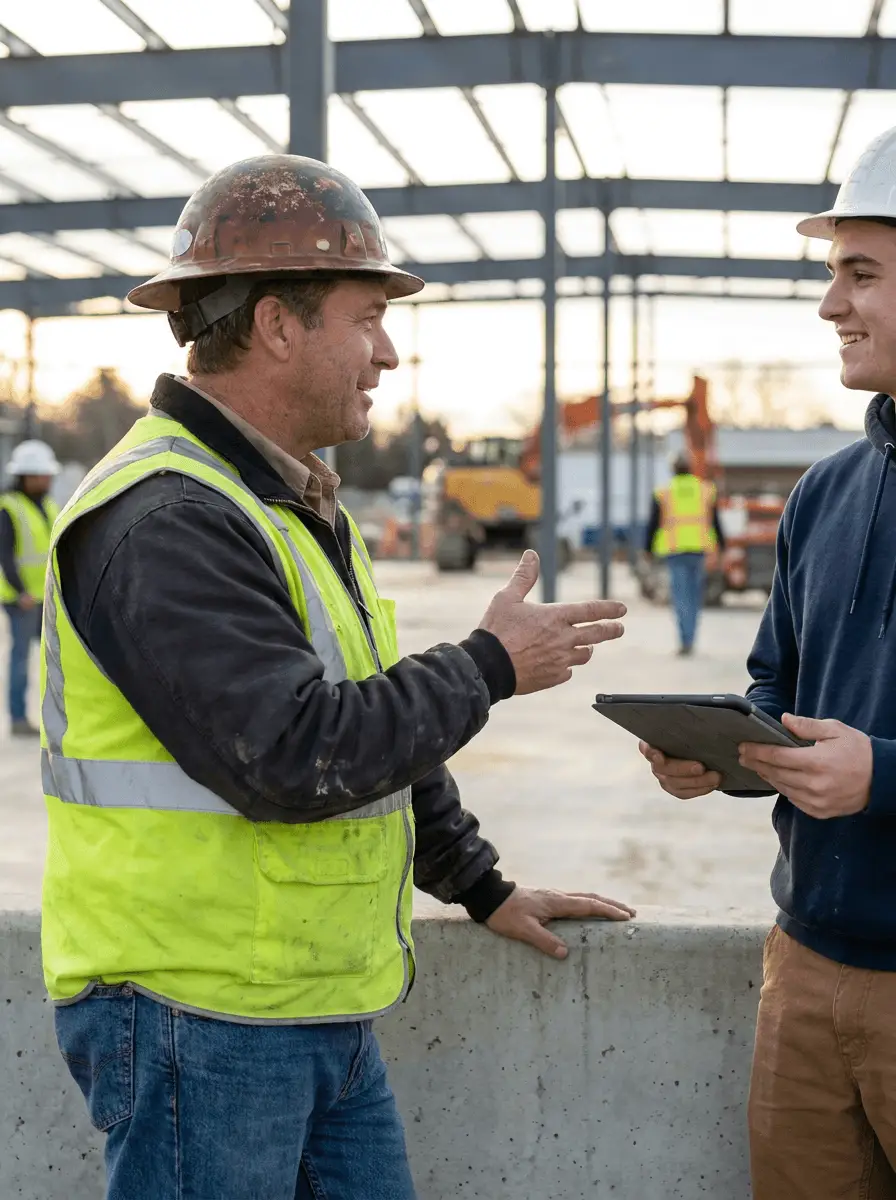 A construction worker wearing a hard hat and high-visibility vest speaks with a colleague holding a tablet on-site.
