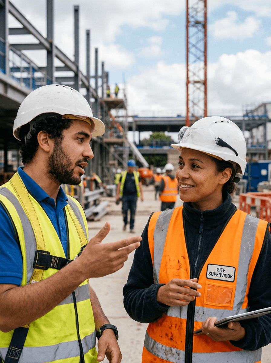 A male construction worker speaks with a female site supervisor, both wearing white hard hats and high-visibility safety vests.