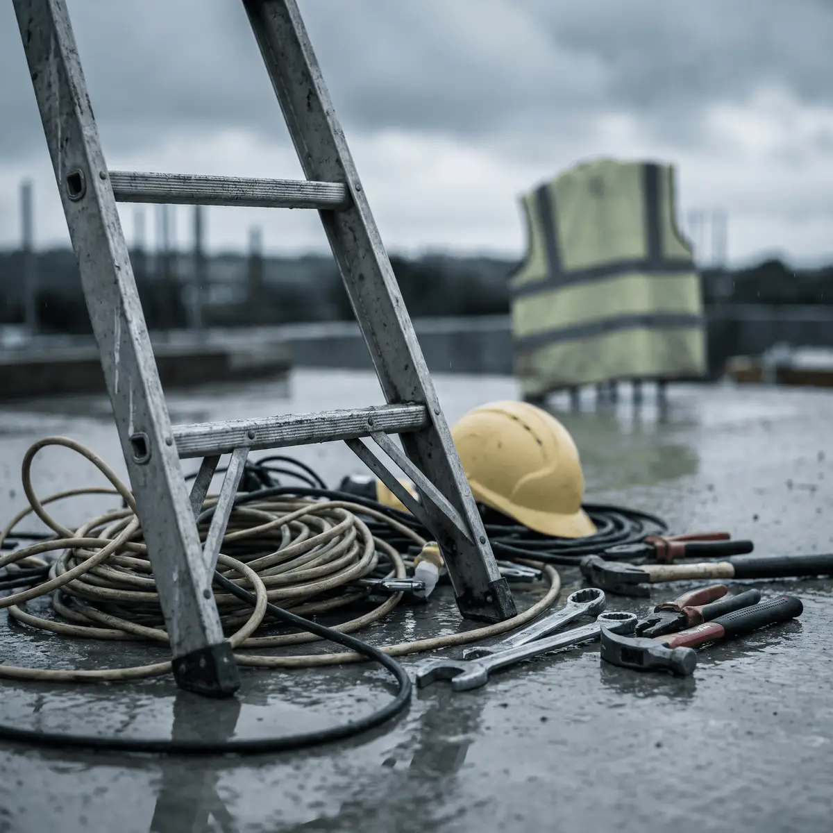 An aluminum ladder stands on a wet concrete surface surrounded by tangled cables, scattered tools, and a yellow hard hat.
