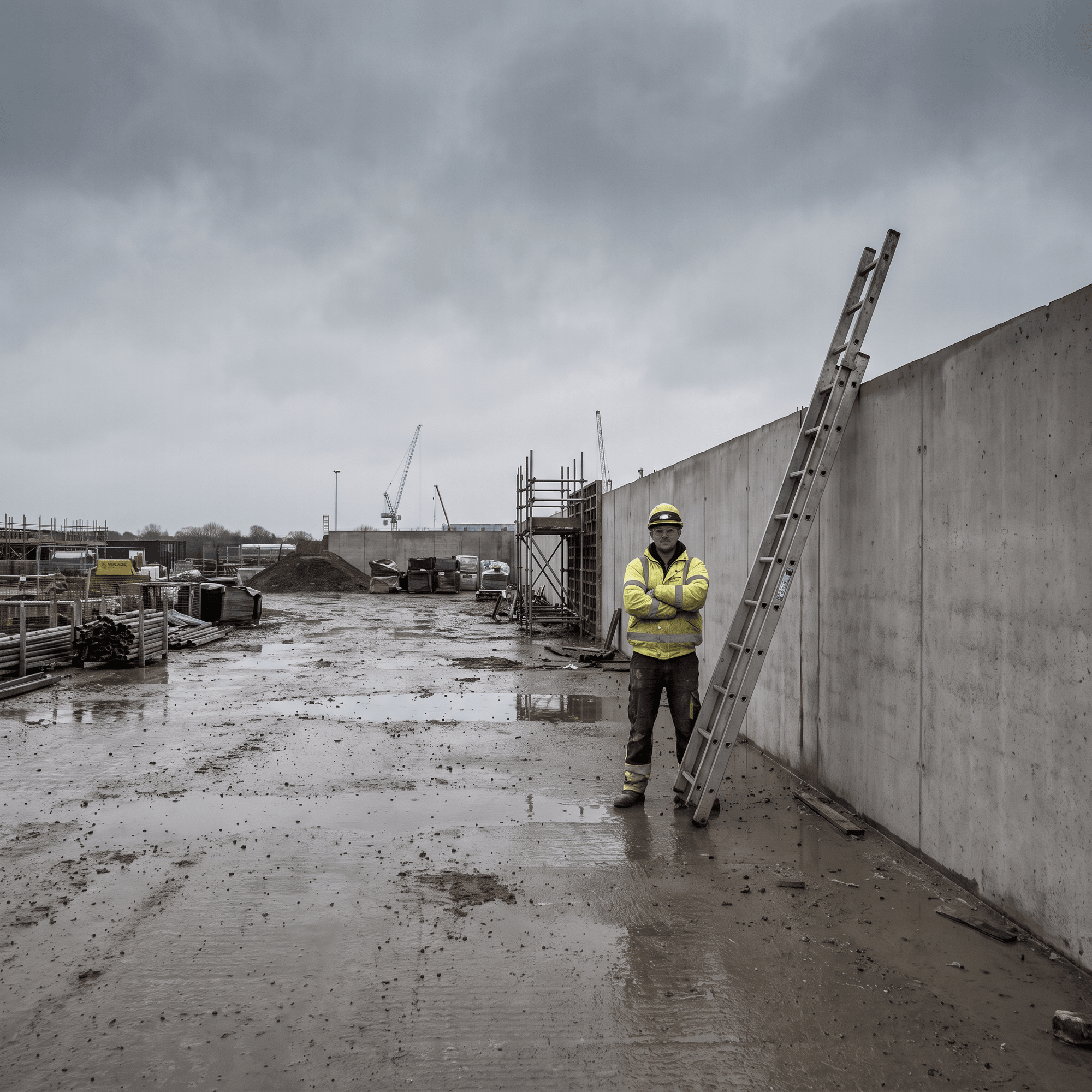 A worker wearing a high-visibility jacket and hard hat stands beside a ladder leaning against a tall concrete wall.