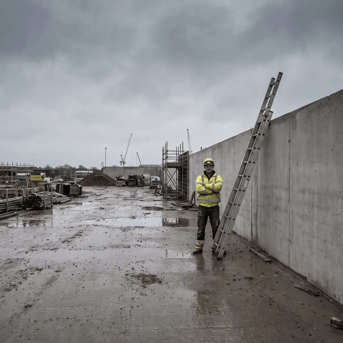 A worker wearing a high-visibility jacket and hard hat stands beside a ladder leaning against a tall concrete wall.