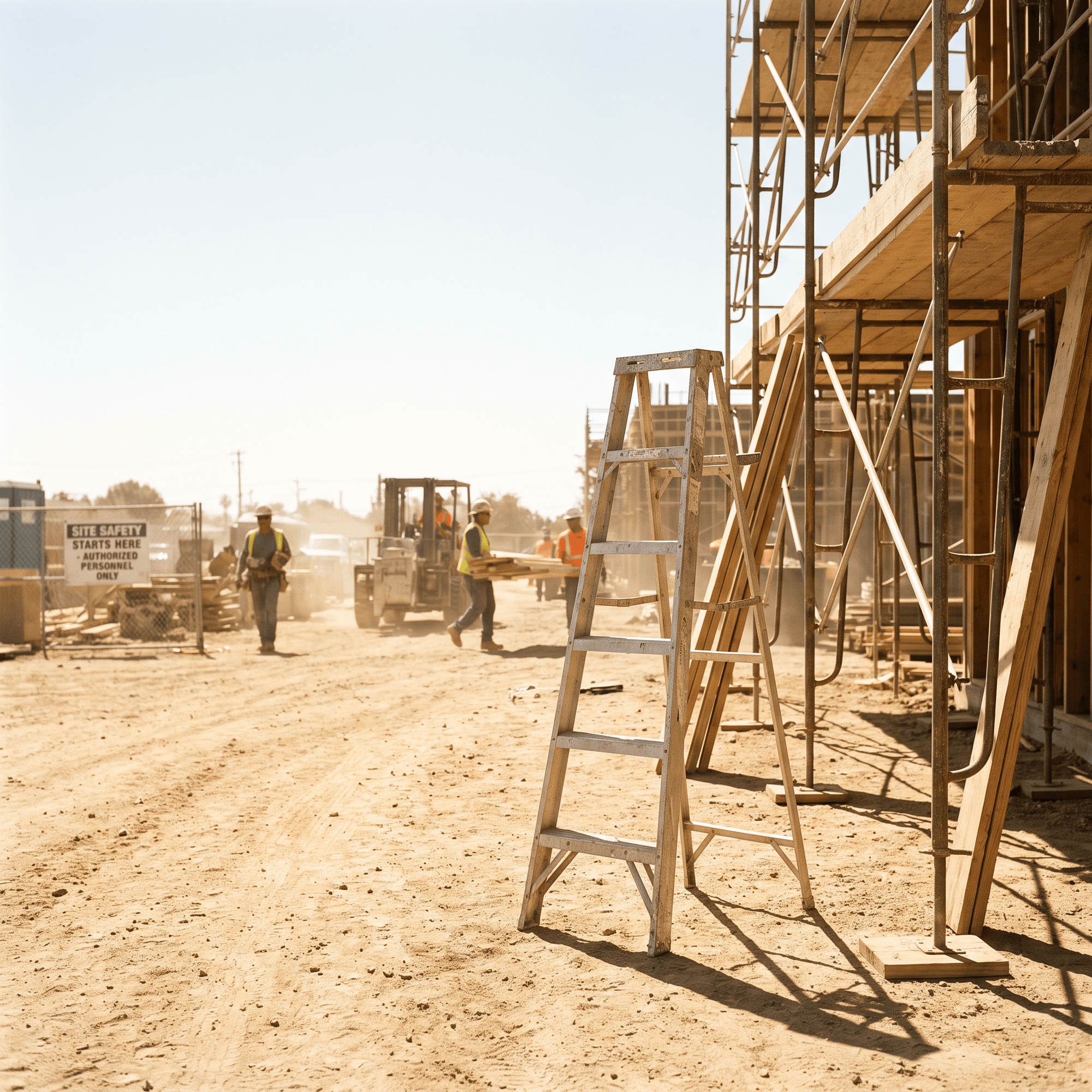 Workers in hard hats walk past scaffolding, a stepladder, and a sign reading "SITE SAFETY STARTS HERE."