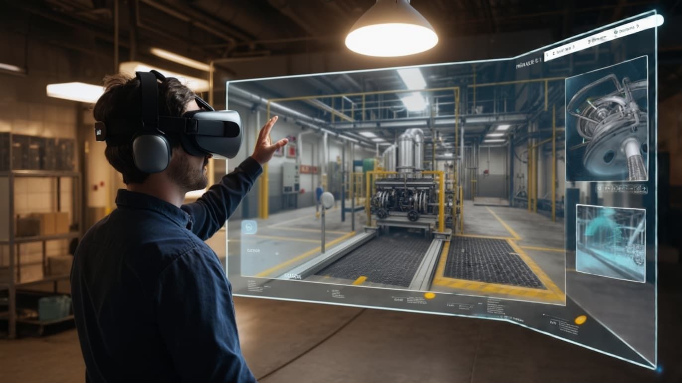 A man wearing a VR headset reaches toward a transparent digital display showing an industrial facility and machinery.